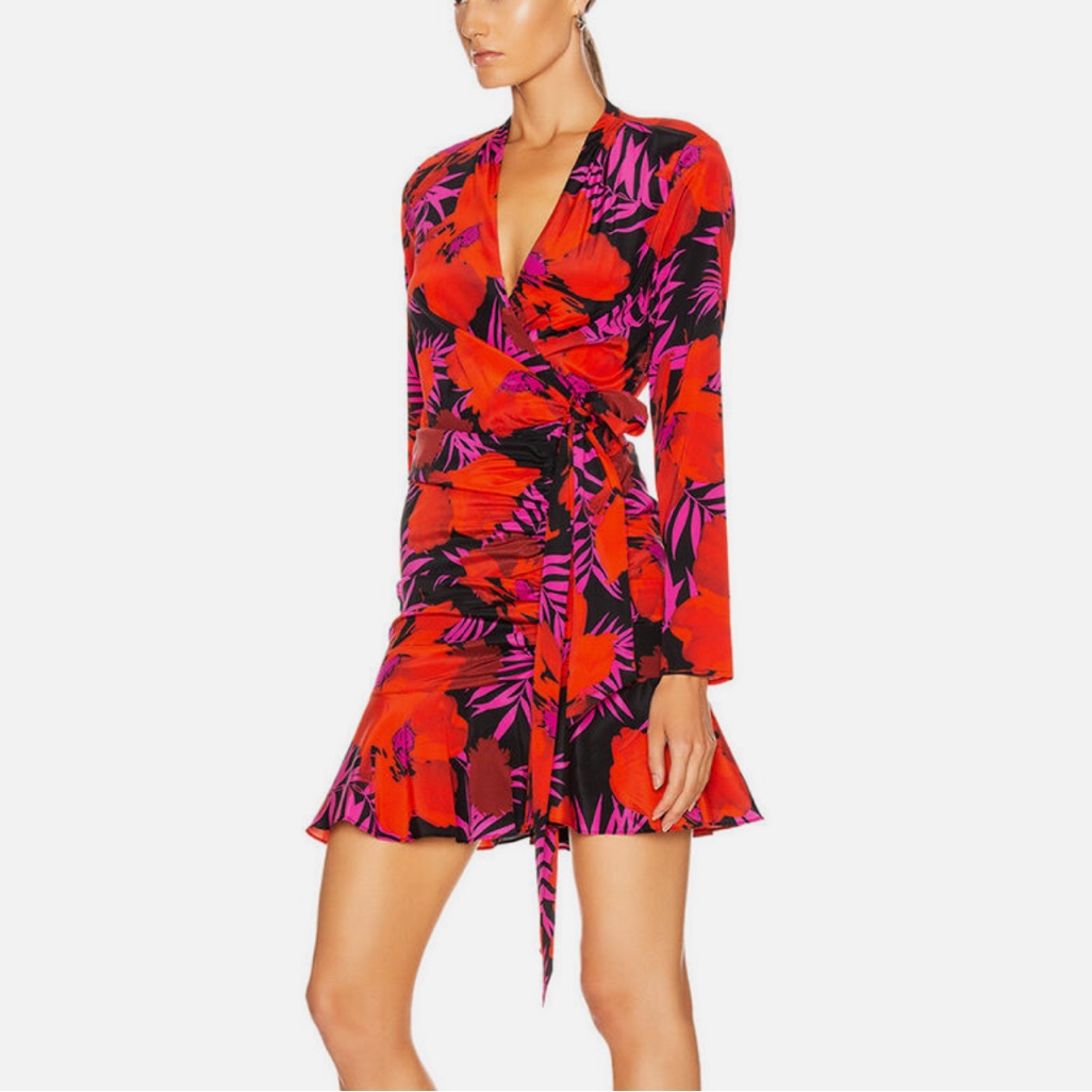 Nwot Veronica Beard Lorina Red Poppy Floral Silk Blend Tie Ruched Dress Whimsy